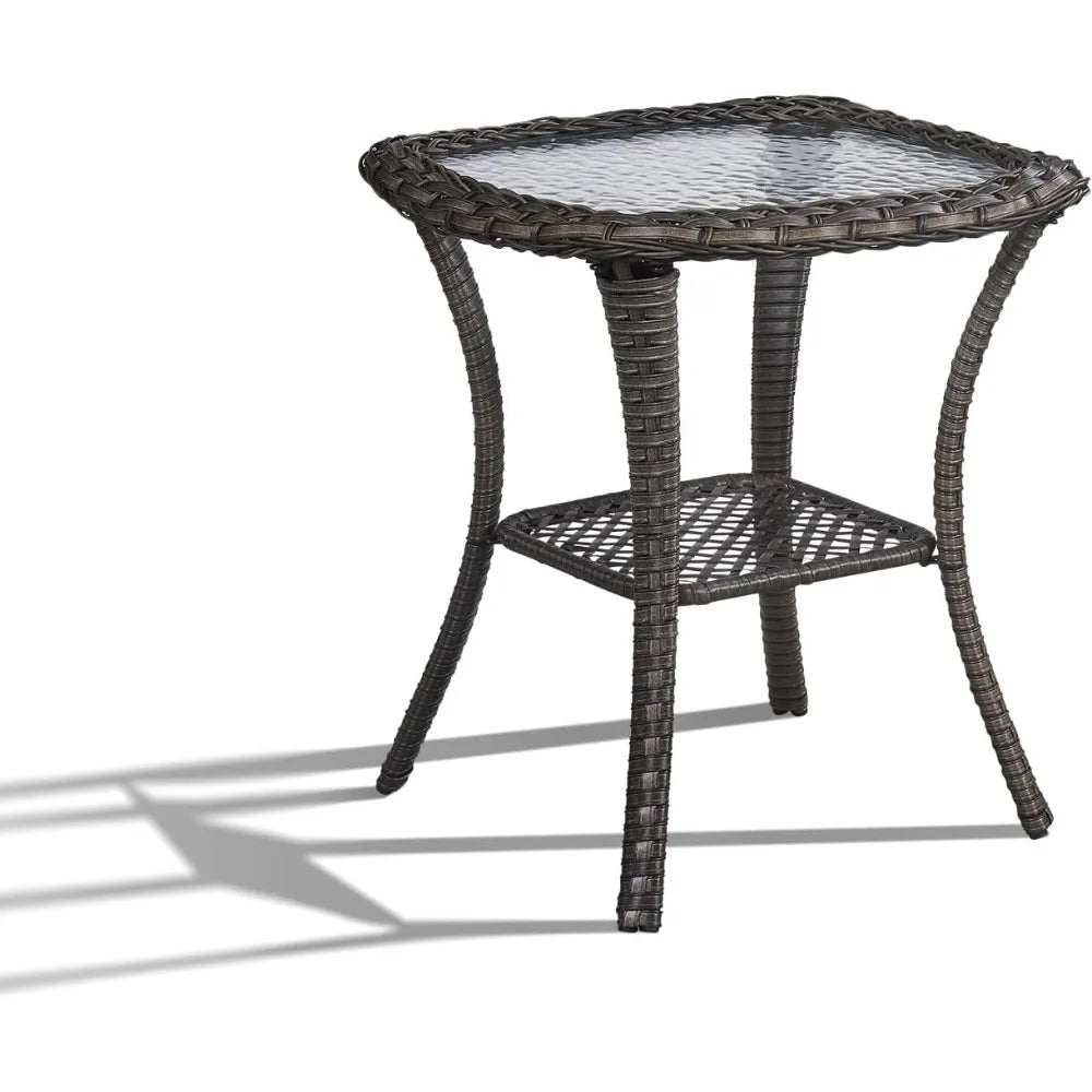 Outdoor Wicker Side Table with Tempered Glass Top and Storage, 20" Square for Deck, Garden, Backyard