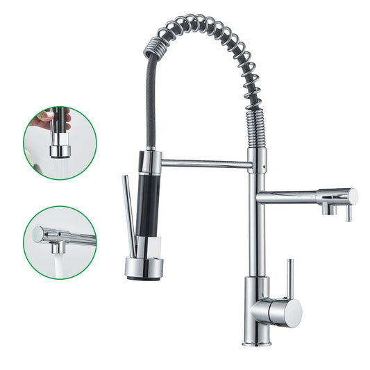 Chrome Kitchen Faucet Pull Down Kitchen Sink Crane Dual Swivel Spout Kitchen Mixer Tap Hot Cold Water Mixer Tap Deck installatio