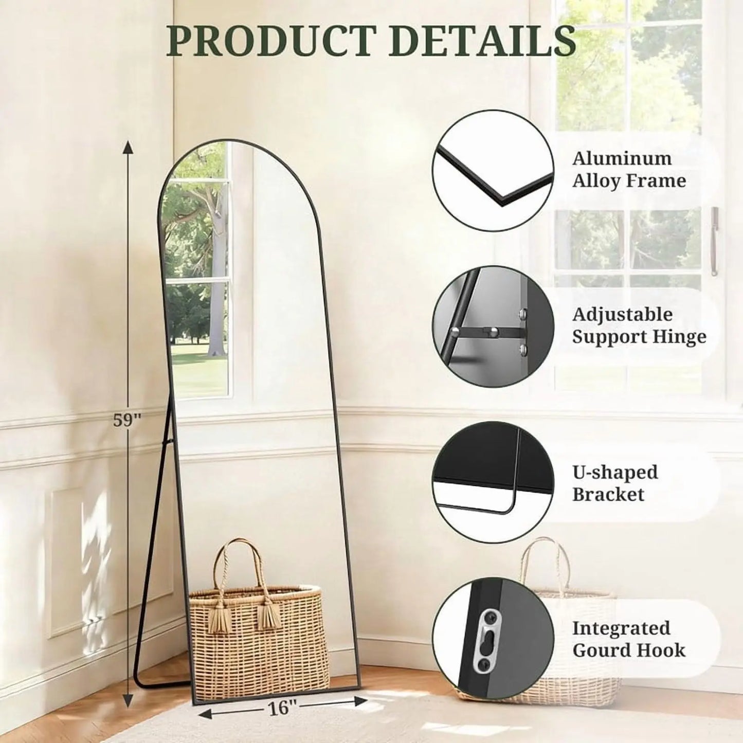 Arched full-length floor mirror 59 inches by 16 inches freestanding full-body reflective surface black