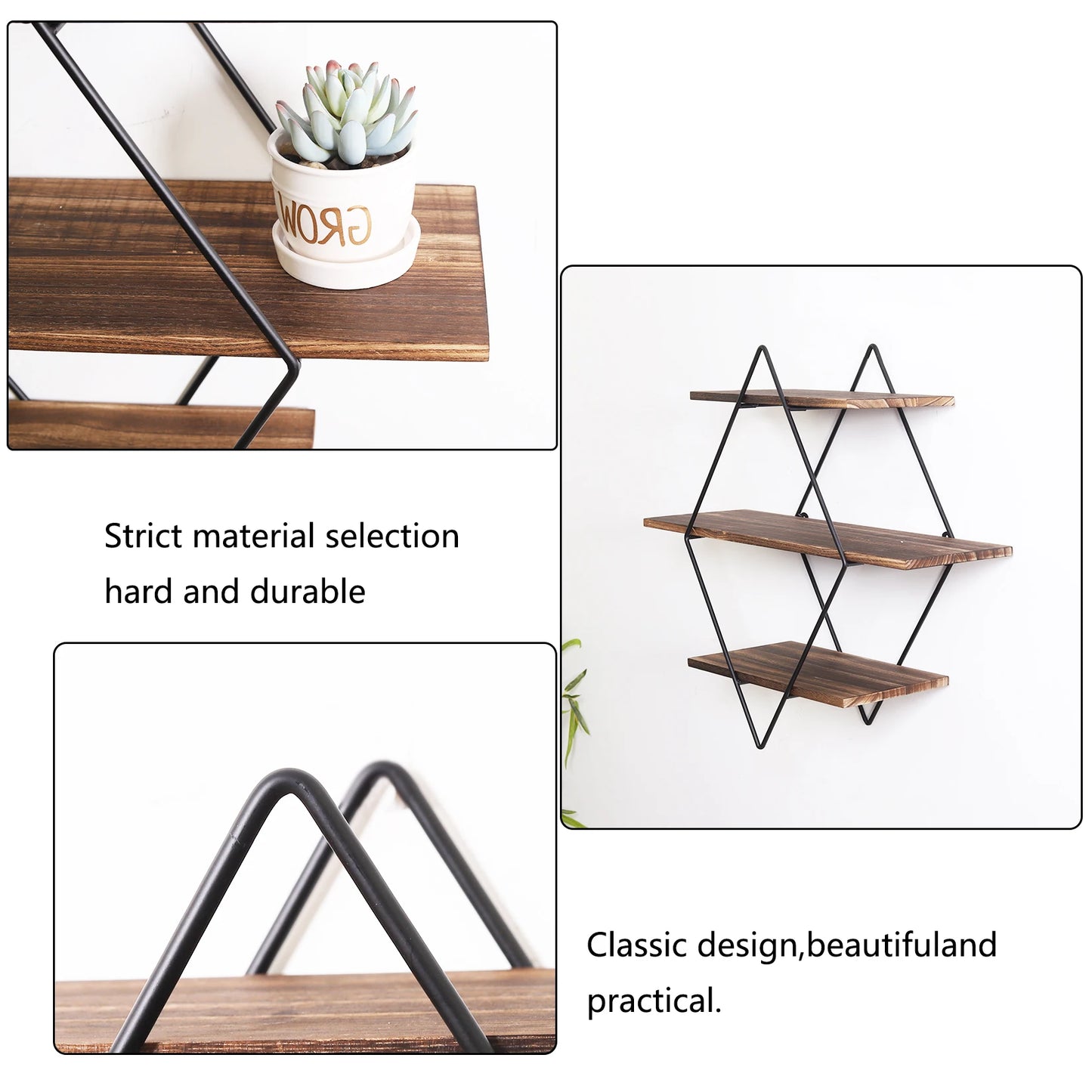 3 Tier Industrial Geometry Wood Floating Shelf Heavy Duty Hanging Wall Mounted Unit