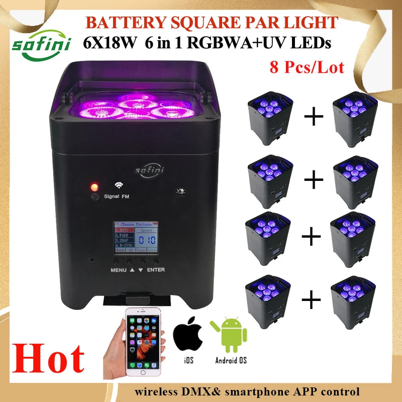 8PCS/ Lot  6x18w Wireless Battery Par With Flight Case RGBWA+UV WIFI APP Control Light For DJ Disco Wedding Stage Lighting