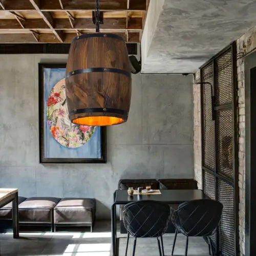Hanging Vintage Wine Barrel Light Wooden Rustic Old West Cafe Bar Ceiling Lamp