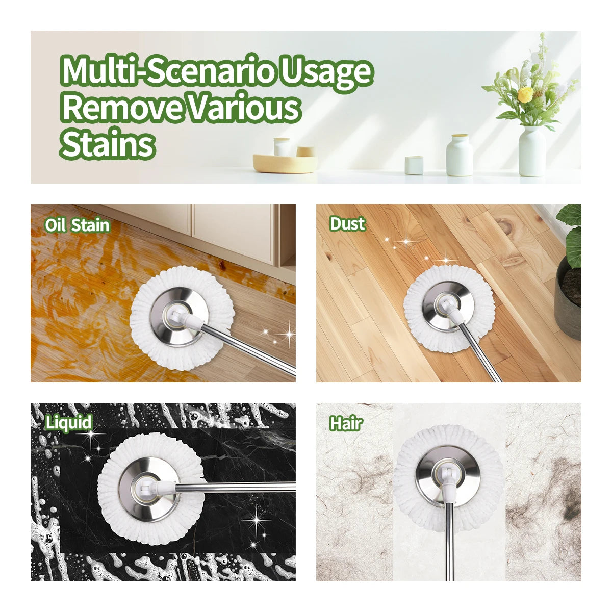 Mop Bucket Set 360° Dual-Motion Spin Mop System 3 Split-Yarn Mop Heads Self Cleaning Bucket