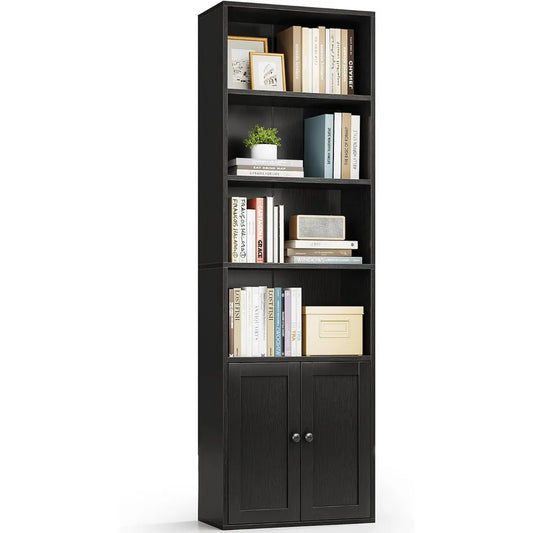 2. Casaottima Black 6-Tier Bookcase with Doors, Floor Standing Display Shelves, Tall Storage Bookhelf for Home Office