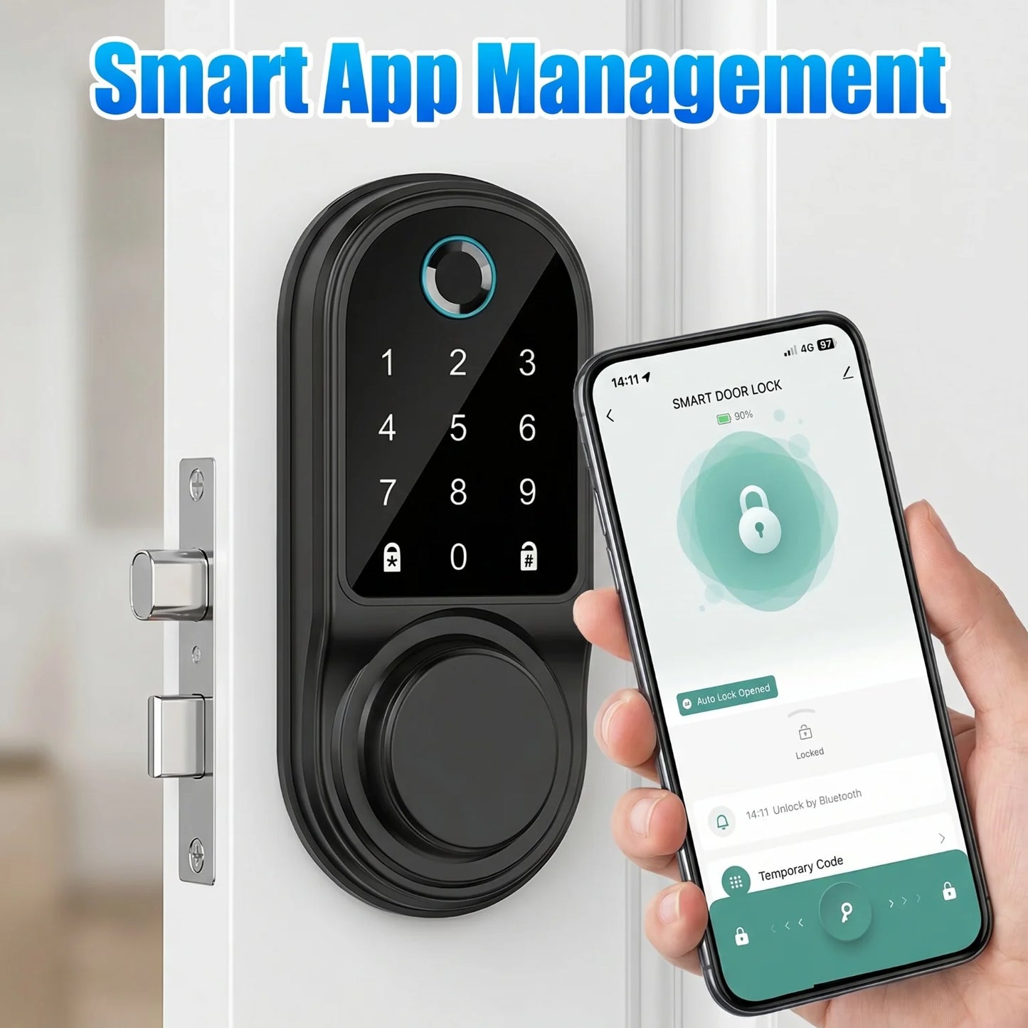 Bluetooth Smart Deadbolt Lock Keyless Entry Fingerprint Door Lock with Touch Keypad IC Card Physical Key APP Remote Temporary Code Auto Lock for Front Door Home Apartment Rental