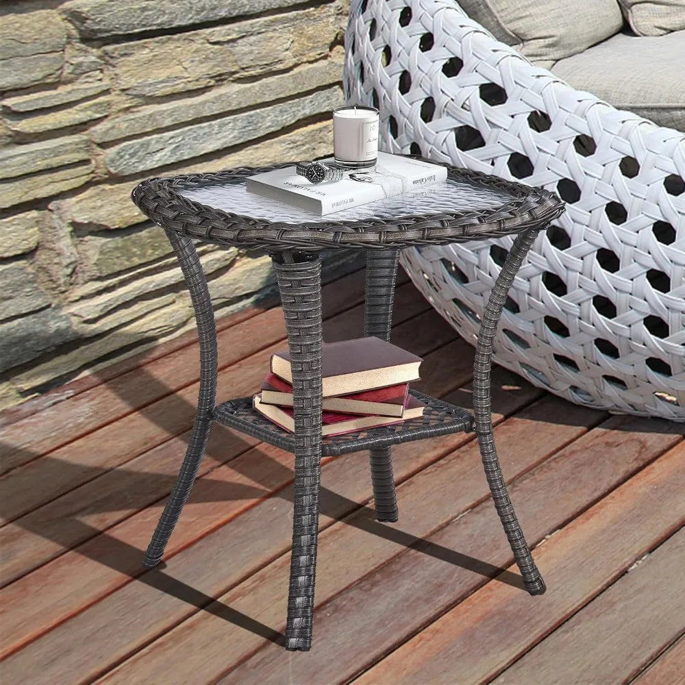Outdoor Wicker Side Table with Tempered Glass Top and Storage, 20" Square for Deck, Garden, Backyard