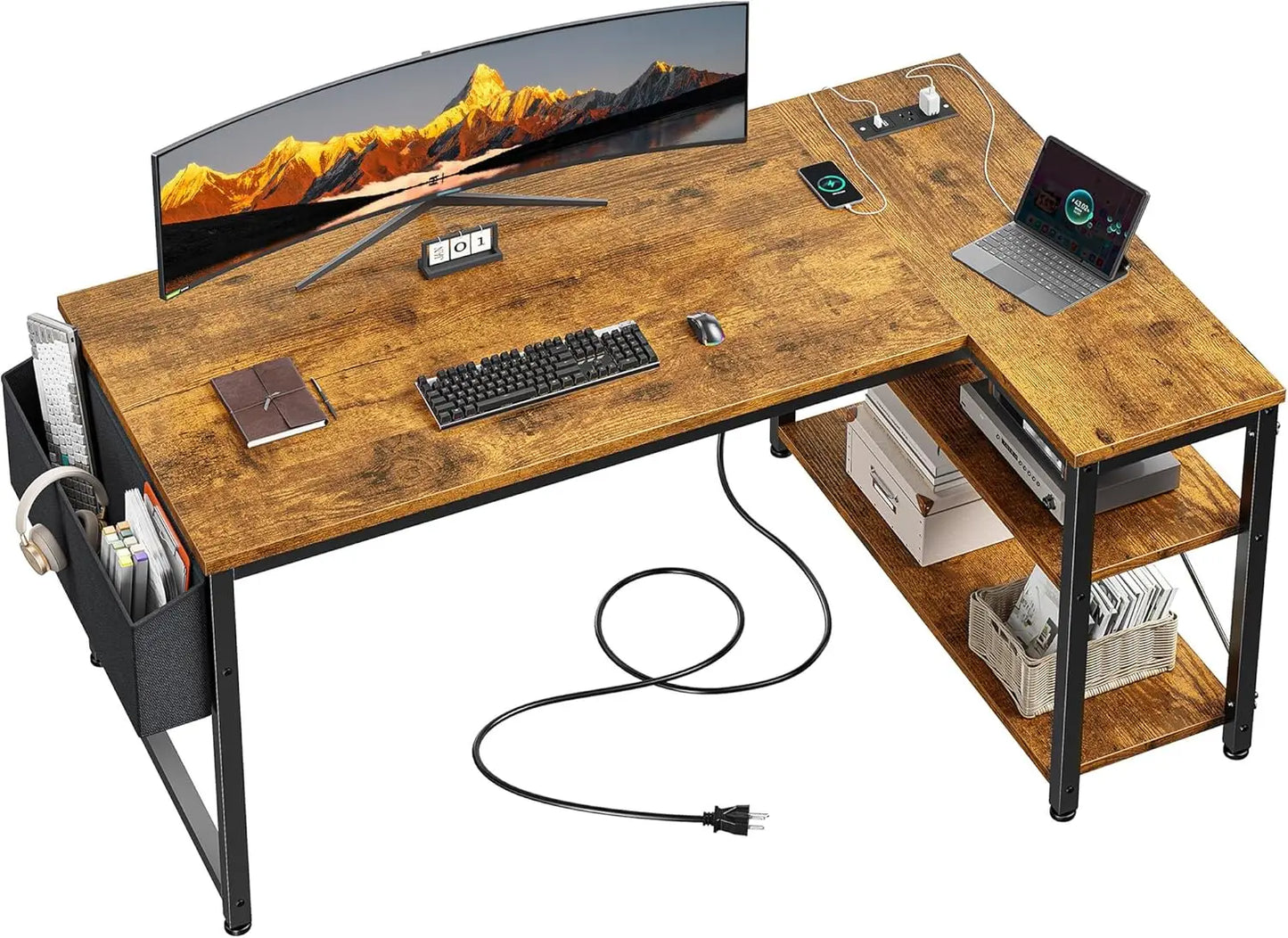 EnHomee 40" White L Shaped Corner Desk with Storage Shelves Side Bag Power Outlets Small Computer Study Writing Table Home Offic