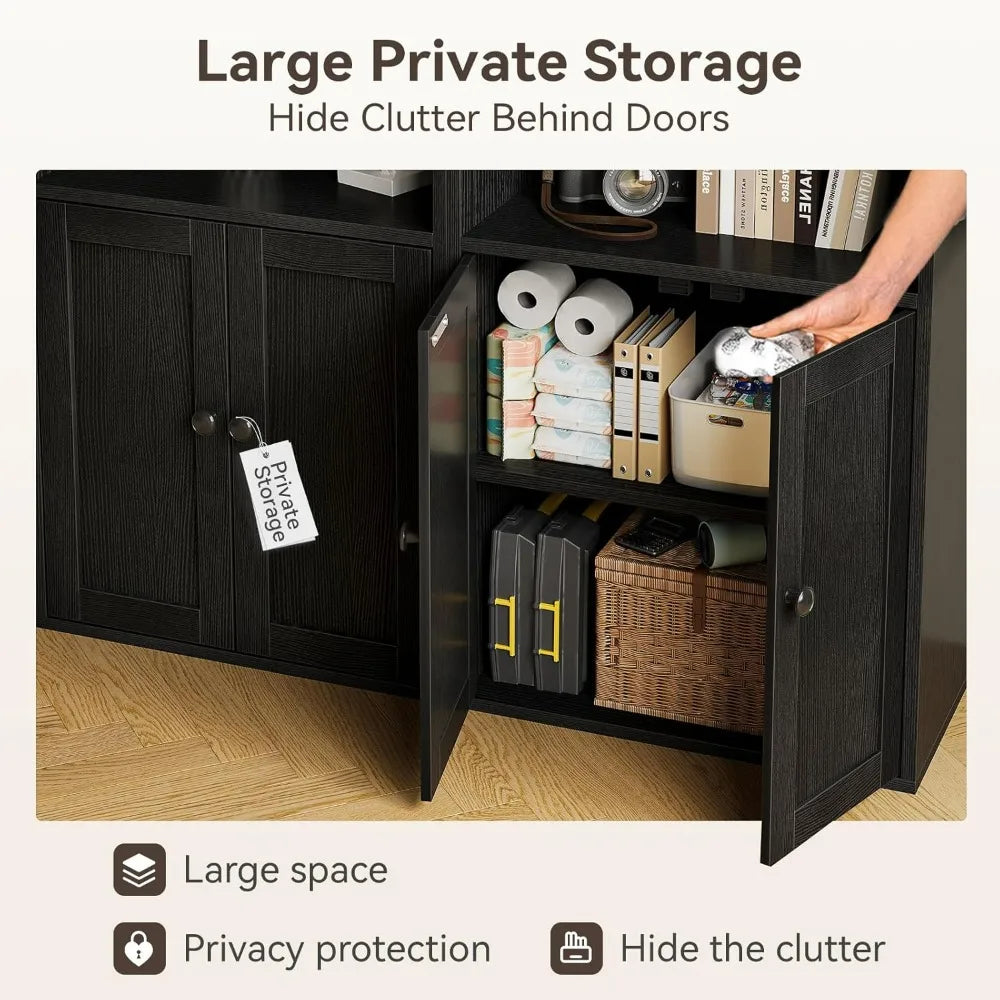 2. Casaottima Black 6-Tier Bookcase with Doors, Floor Standing Display Shelves, Tall Storage Bookhelf for Home Office