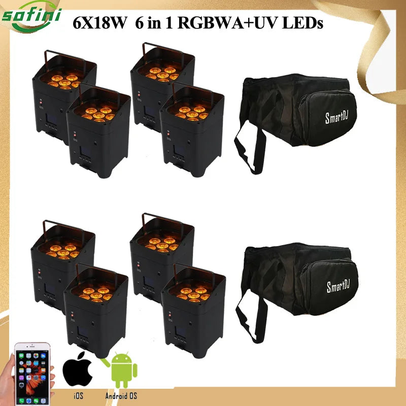 8PCS/ Lot  6x18w Wireless Battery Par With Flight Case RGBWA+UV WIFI APP Control Light For DJ Disco Wedding Stage Lighting