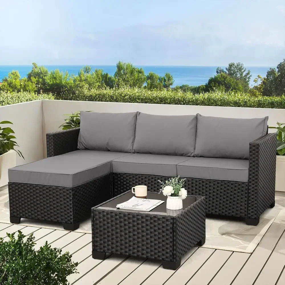 Light Grey 3-Piece Outdoor Sectional Patio Furniture with Ottoman and Glass Table, Weather-Resistant Cushions and Covers