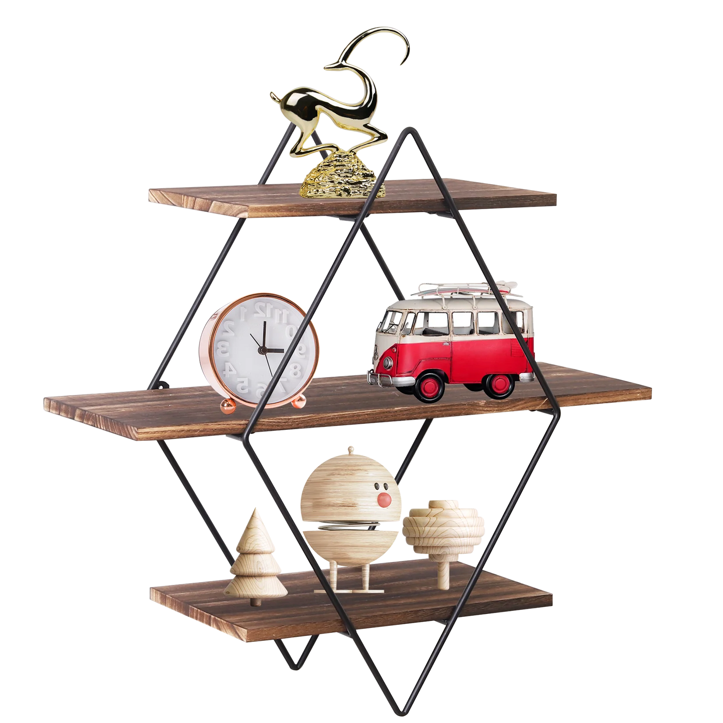 3 Tier Industrial Geometry Wood Floating Shelf Heavy Duty Hanging Wall Mounted Unit