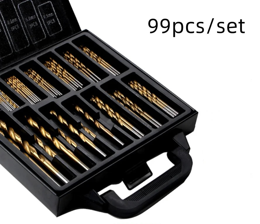 99 Pcs Titanium Coated Twist Drill Bit Set, 4241 HSS 135° Tip Metric Drill Bits Size From 1.5-10mm For Metalworking, Woodworking