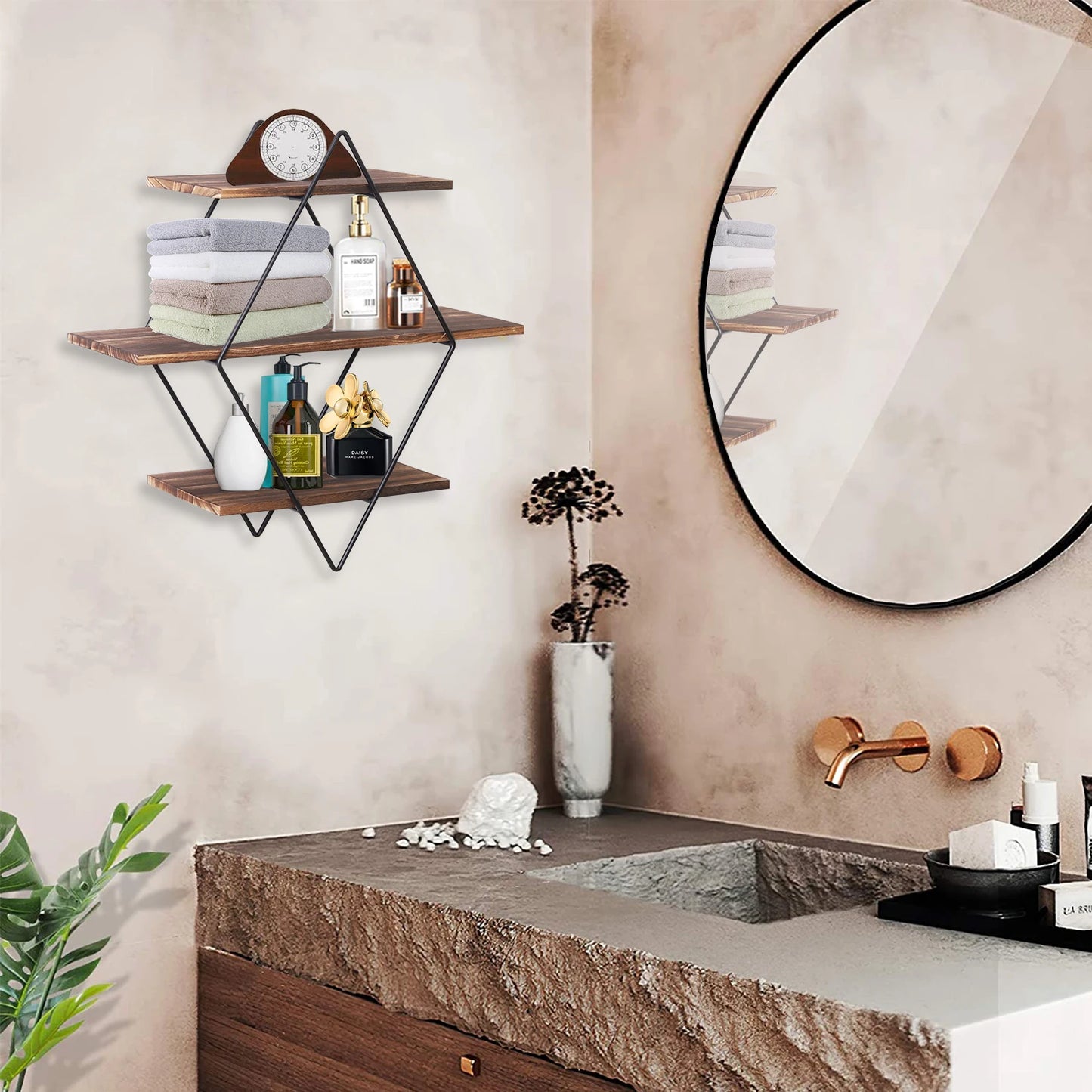 3 Tier Industrial Geometry Wood Floating Shelf Heavy Duty Hanging Wall Mounted Unit