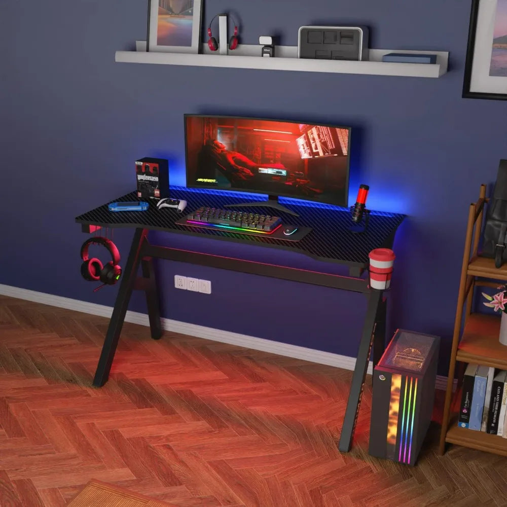BestOffice Gaming Desk Computer Desk 47 Inch Home Office Extra Large Modern Ergonomic Black PC Carbon Fiber Gamer Workstation