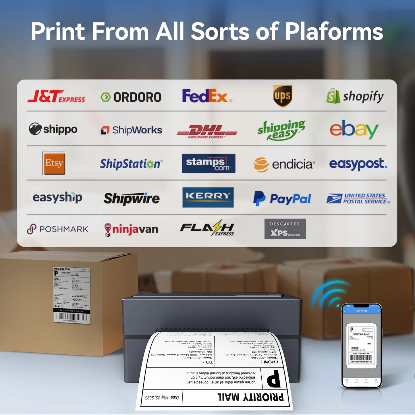 Thermal Label Printer Portable No Ink Required 203DPI 4x6 for Small Business Bluetooth USB High Speed Express Airway Bill