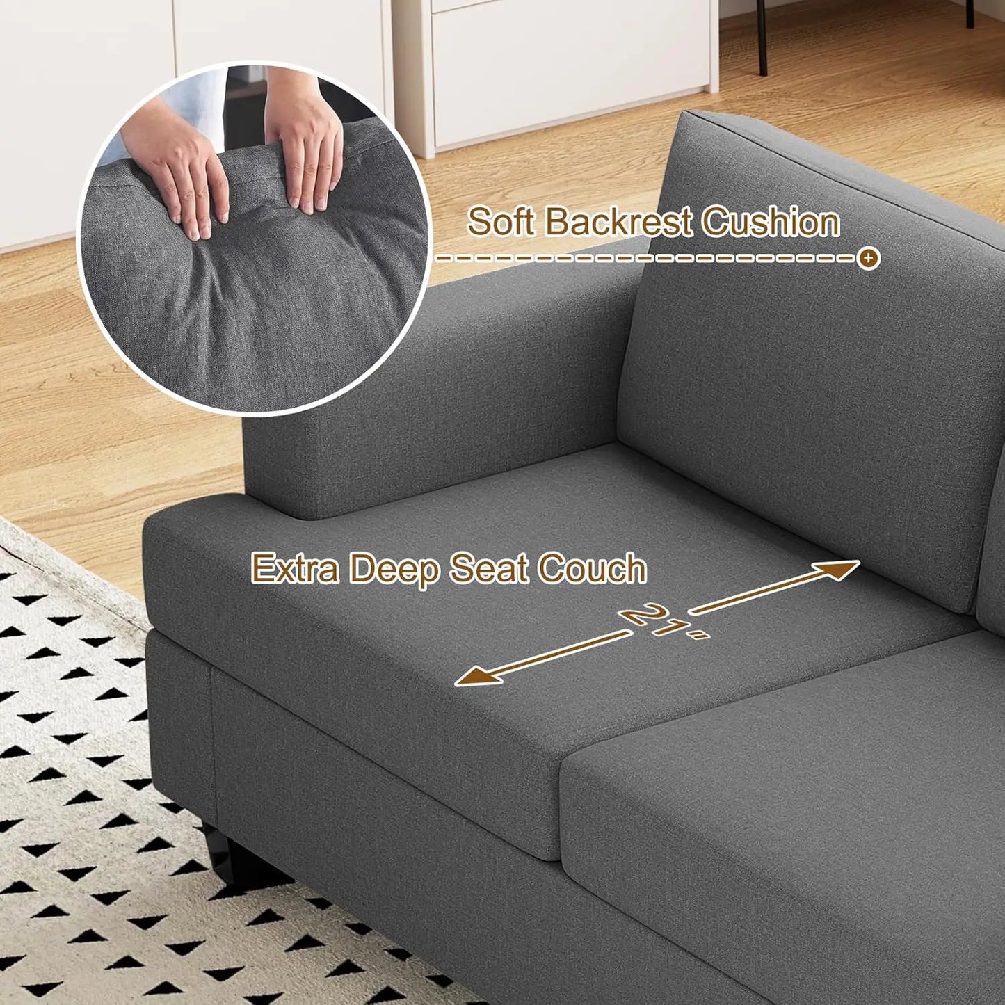 85 inch Grey 3 Seater Couches, Modern Cozy Deep Seat Sofa, Comfy Fluffy Couch for Living Room, Small Couches for, Customized