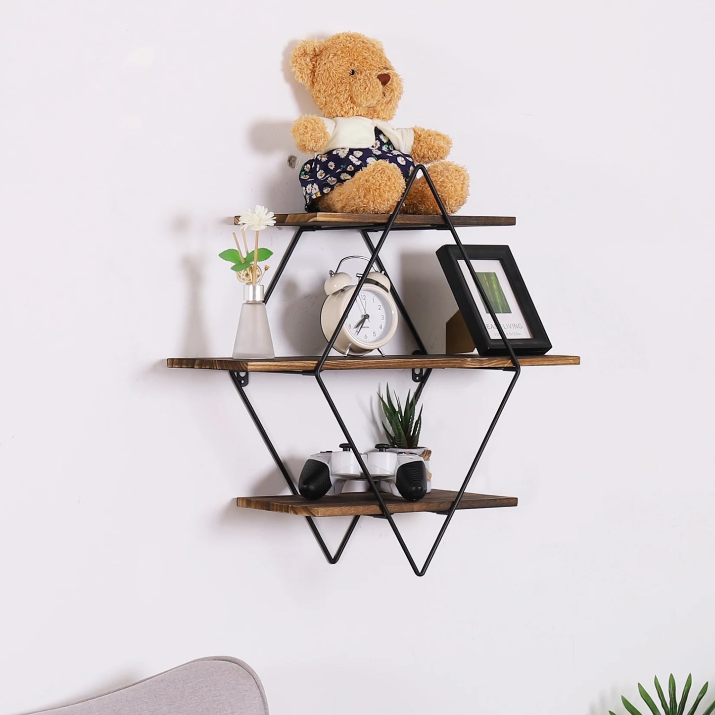 3 Tier Industrial Geometry Wood Floating Shelf Heavy Duty Hanging Wall Mounted Unit