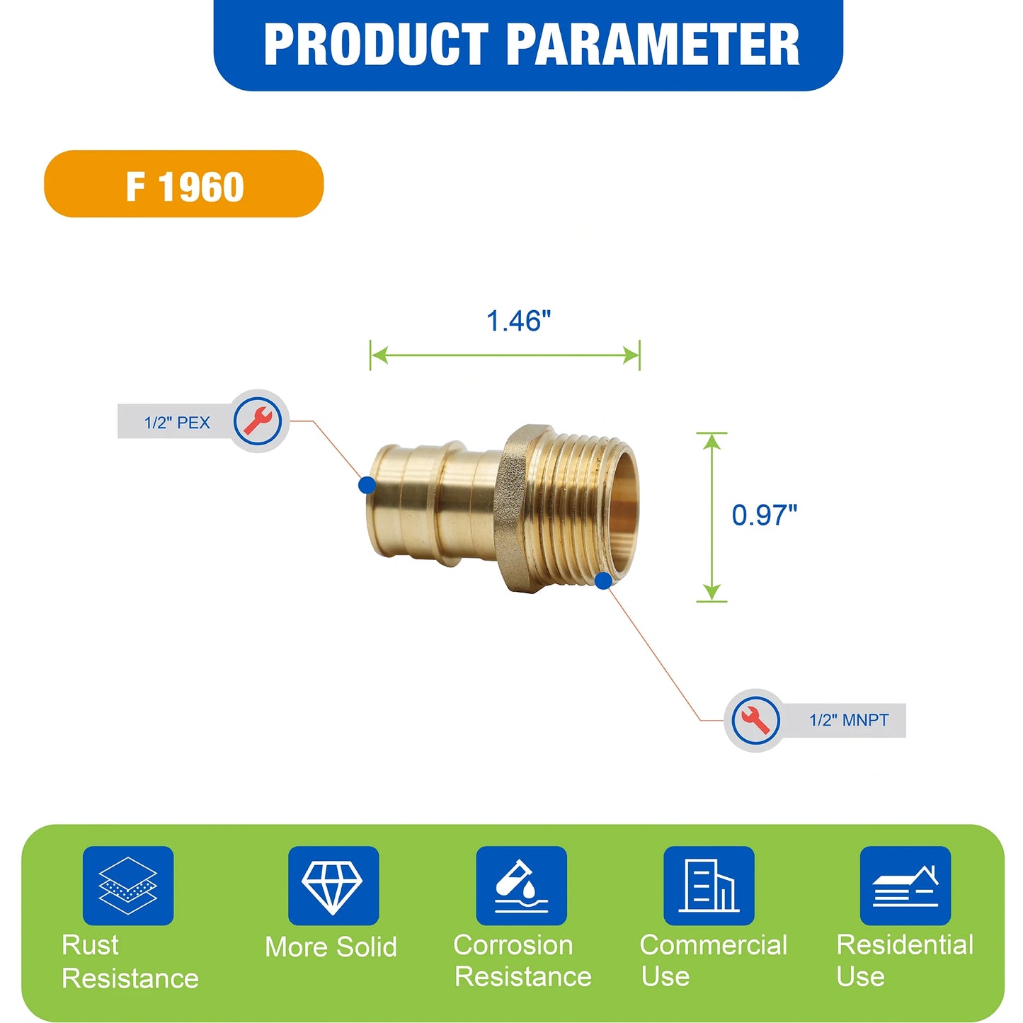 KING SMART  F1960/PEX A Expansion 1/2" * 1/2" Male NPT Straight Male Adapter; 10Pcs/Case; Lead Free Brass; 80258