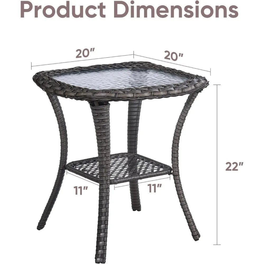 Outdoor Wicker Side Table with Tempered Glass Top and Storage, 20" Square for Deck, Garden, Backyard