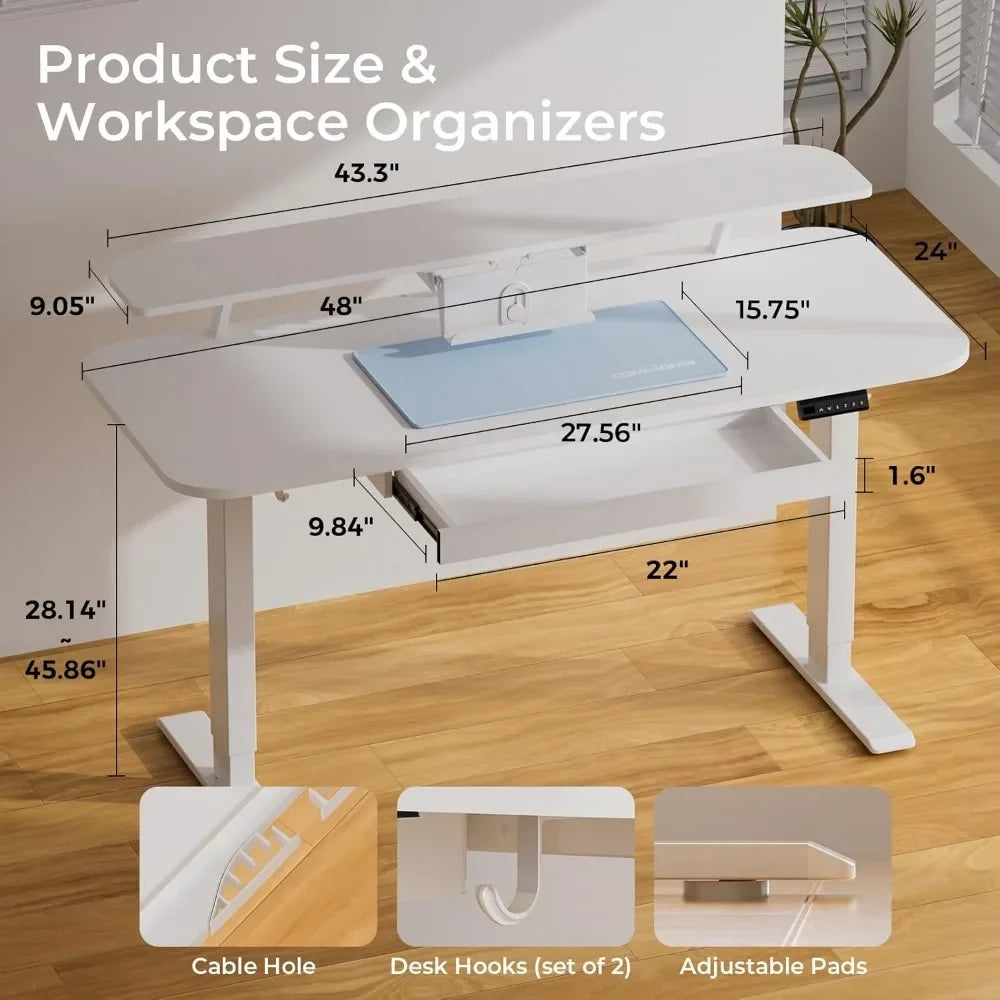 Electric Standing Desk with Drawers, 48 x 24'' Sit Stand up Desk with Monitor Stand, Laptop Stand, Height Adjustable Ergonomic