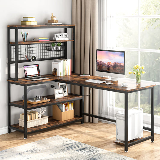 LITTLE TREE 55" Large Computer Desk with Wireless Charging 5 Storage Shelves, Office Desk Study Table Writing Desk Workstation
