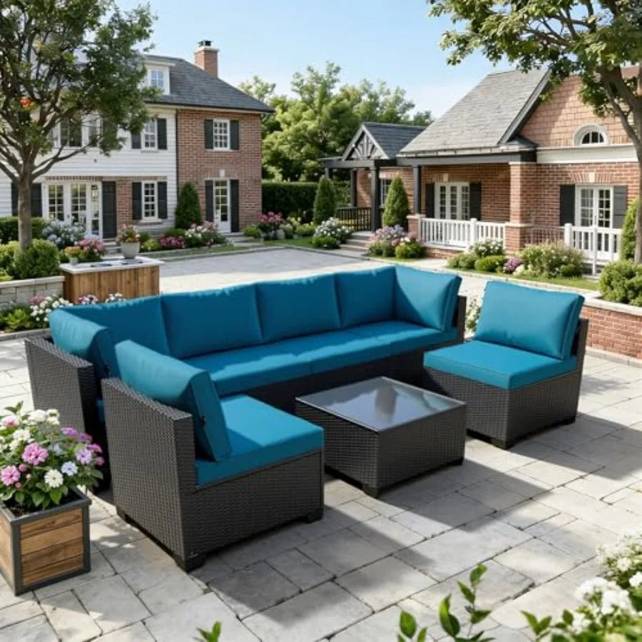 Patio Furniture Set 7 Piece - All-Weather Wicker Rattan Outdoor Conversation Set in Black/Peacock Blue for Backyard Garden Pool