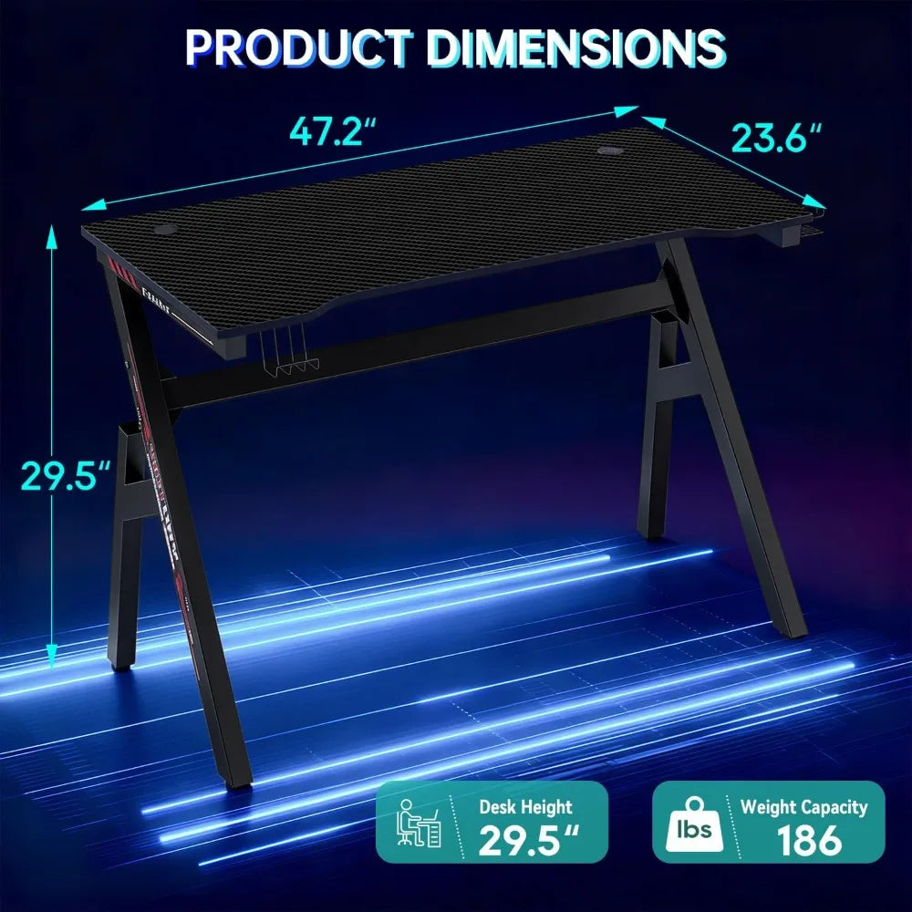 BestOffice Gaming Desk Computer Desk 47 Inch Home Office Extra Large Modern Ergonomic Black PC Carbon Fiber Gamer Workstation