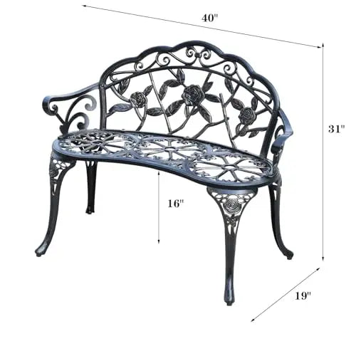 Elegant Cast Aluminum Outdoor Bench Featuring Intricate Rose Vine Design For Garden, Patio, Park And Lawn Use
