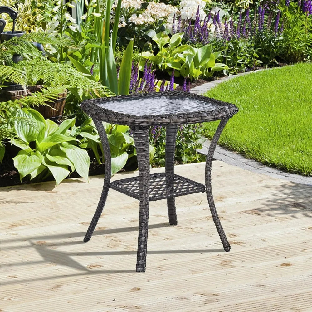 Outdoor Wicker Side Table with Tempered Glass Top and Storage, 20" Square for Deck, Garden, Backyard