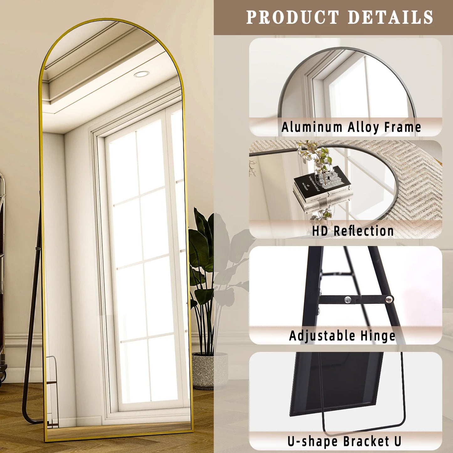 16x59 inch arched full length freestanding floor mirror with gold finish