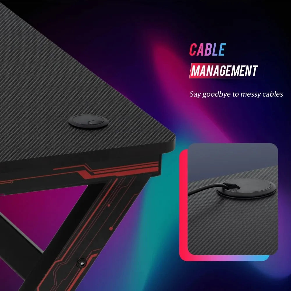 BestOffice Gaming Desk Computer Desk 47 Inch Home Office Extra Large Modern Ergonomic Black PC Carbon Fiber Gamer Workstation