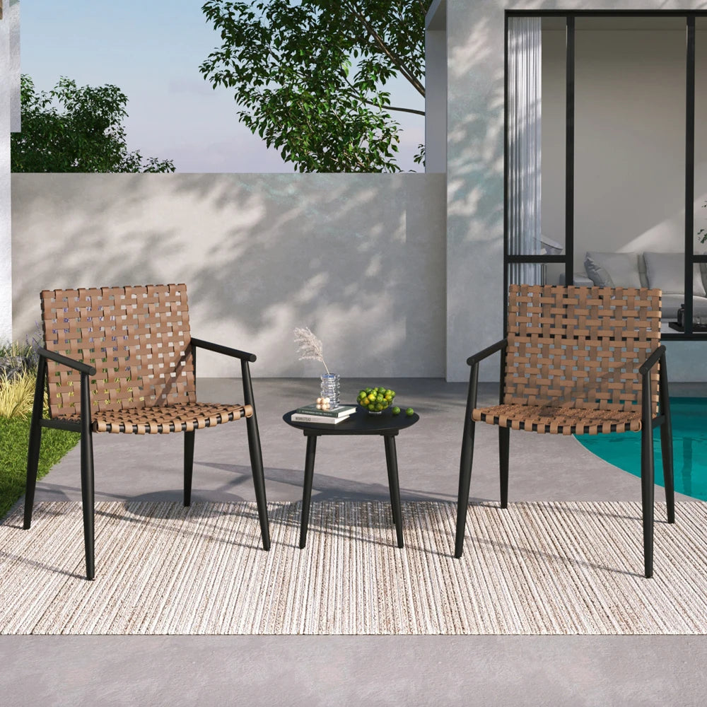 PE Rattan Outdoor Chat Set 2 Chairs, Black Steel & Glass Side Table, Modern Durable Patio Furniture for Garden Balcony Yard