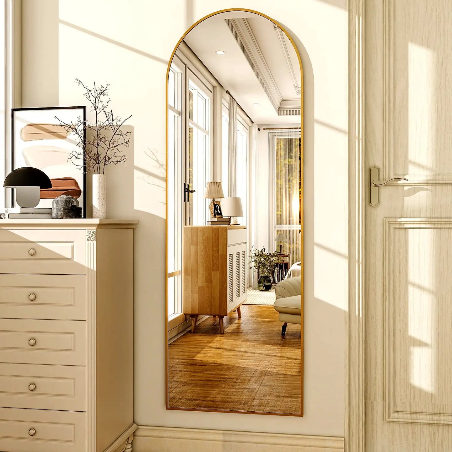 16x59 inch arched full length freestanding floor mirror with gold finish