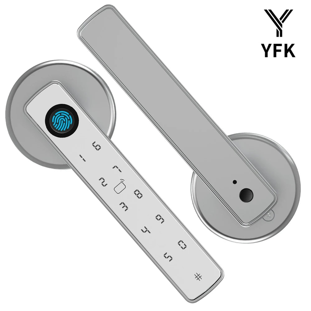 YFK Tuya Smart Life Fingerprint Door Lock Handle 5 in 1 Unlock NFC IC Card Fake PIN Temporary Code Bluetooth Keyless Entry Interior Door Lock Support Remote Unlock With Gateway