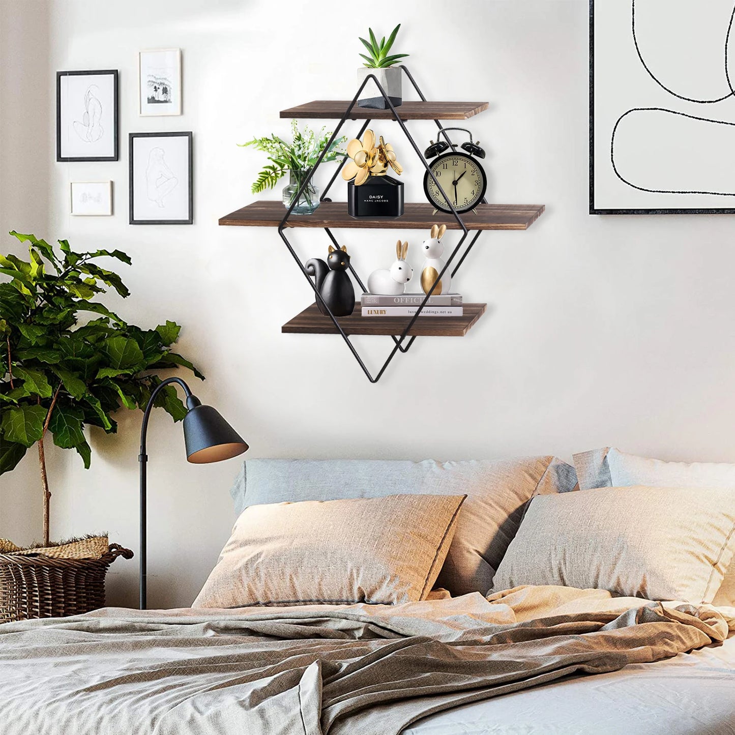3 Tier Industrial Geometry Wood Floating Shelf Heavy Duty Hanging Wall Mounted Unit