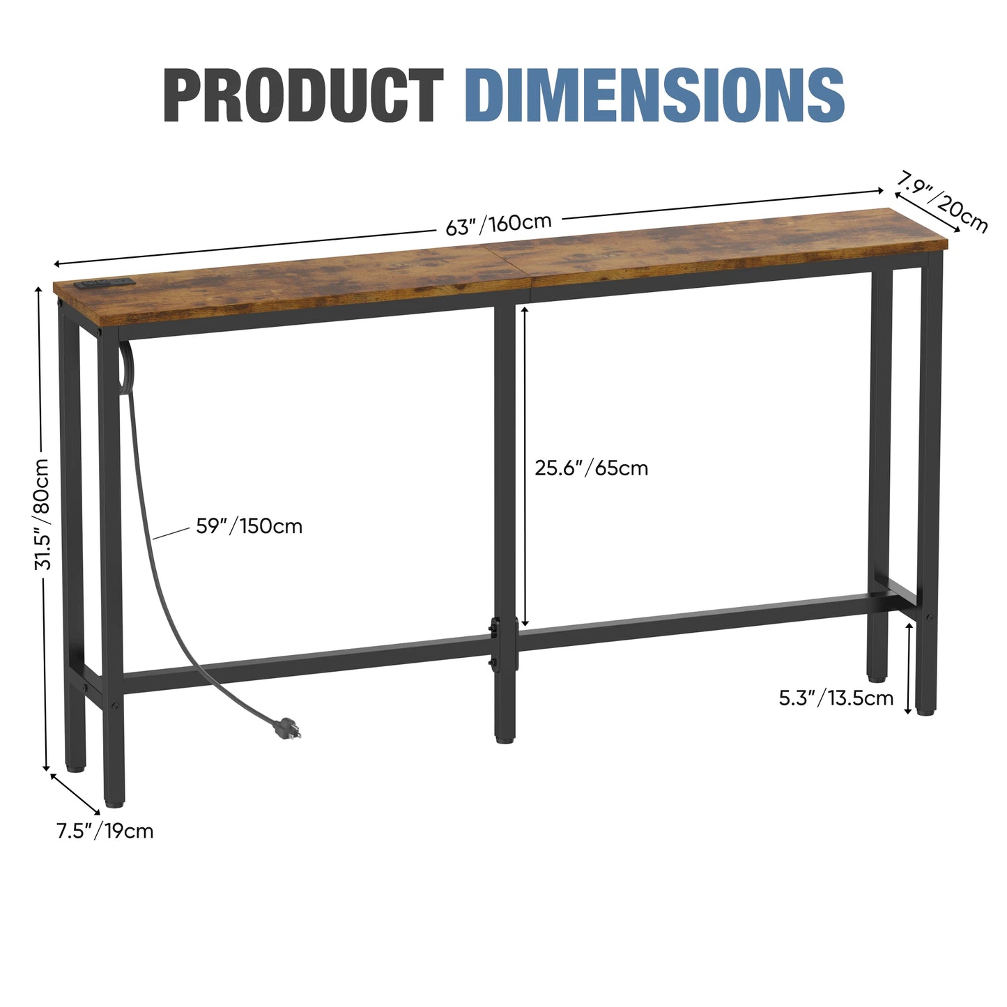 JHK 63IN Sofa Table with Charging Station Overbed Bedside Desk with Outlet Home Use Bed Table Mobile Standing Desk For Bedroom