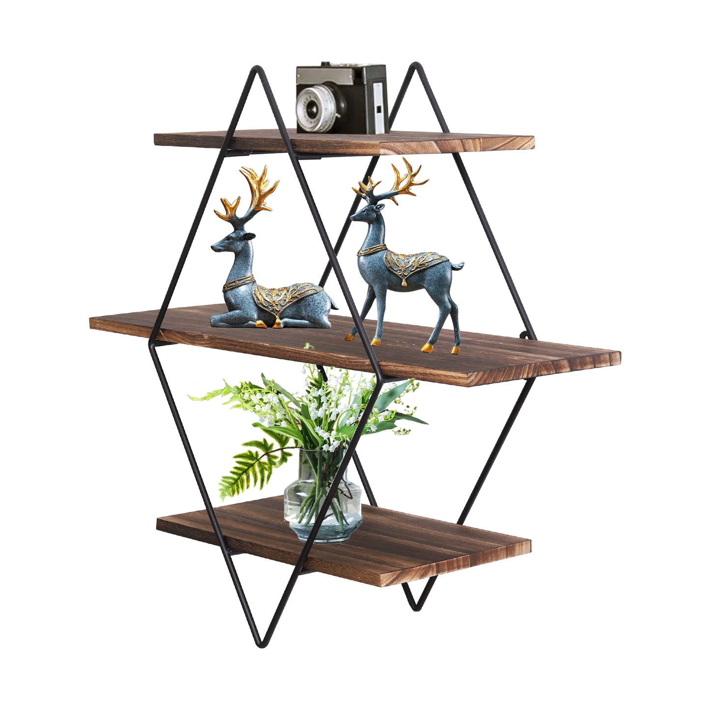 3 Tier Industrial Geometry Wood Floating Shelf Heavy Duty Hanging Wall Mounted Unit
