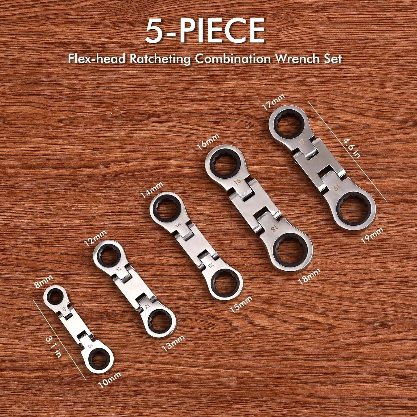 72-Tooth Flex Head Ratchet Wrench Set, Compact Double Box End Metric 8-19mm 5 Pieces for Tight Spaces
