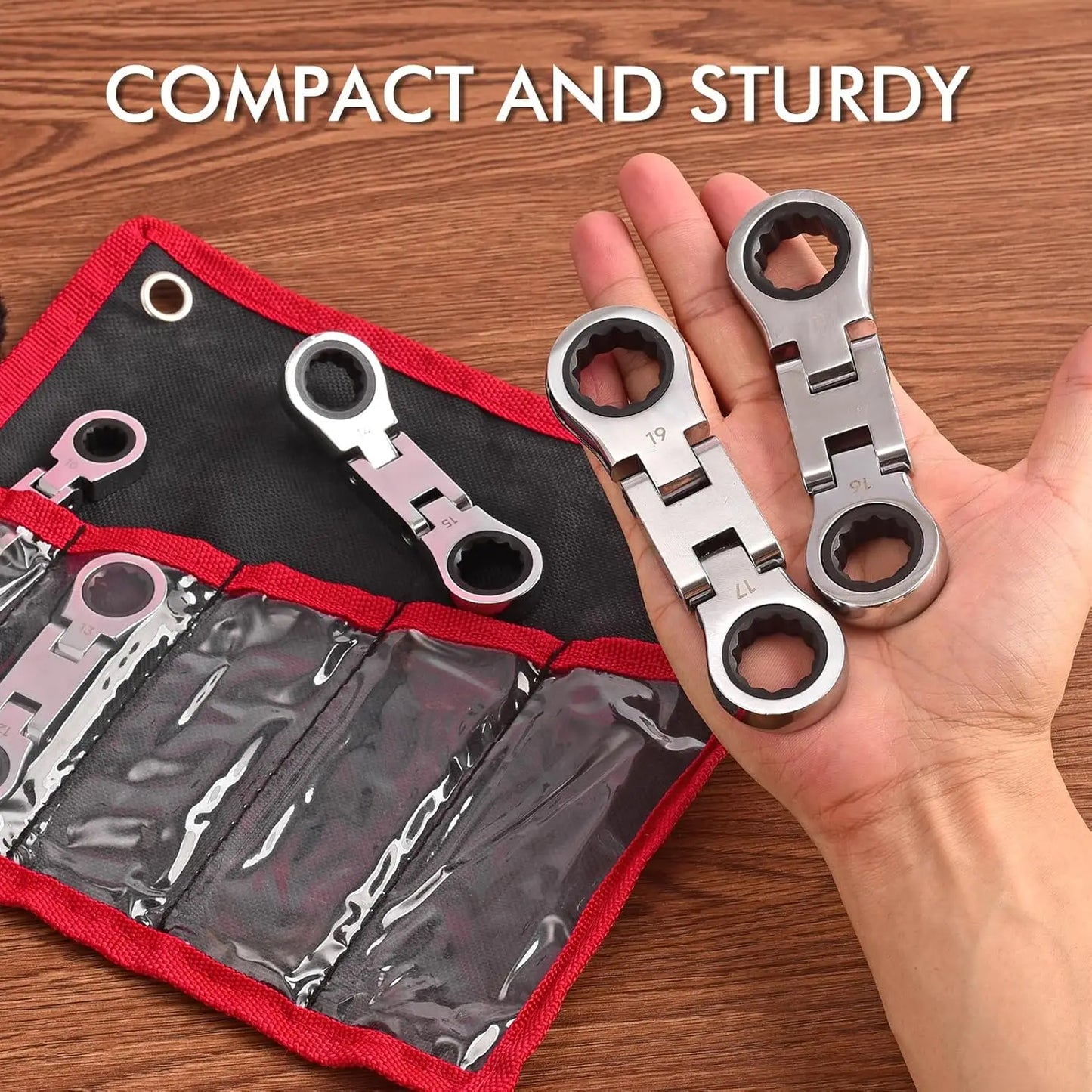 72-Tooth Flex Head Ratchet Wrench Set, Compact Double Box End Metric 8-19mm 5 Pieces for Tight Spaces