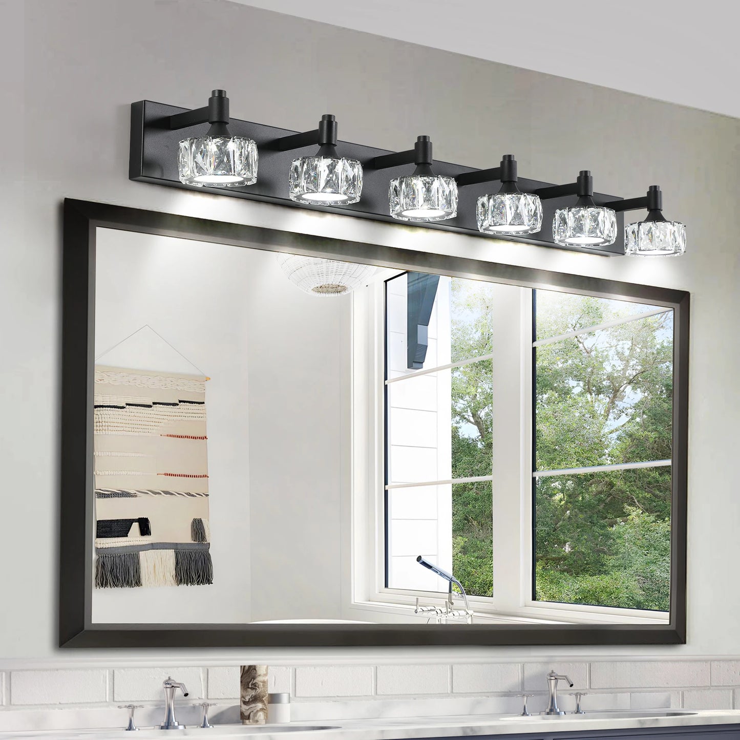 LED Vanity Light Modern 6-Light Matte Black Fixture with Crystal Glass Shades, Bathroom Wall Sconce for  Contemporary Home Decor