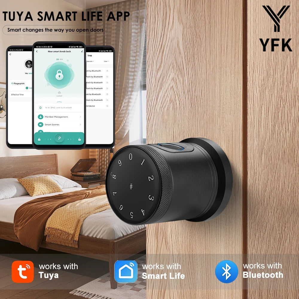 YFK Tuya Smart Life Door Lock CNC anodized aluminum body Knob 5-in-1 Fingerprint Password IC Card APP Bluetooth Unlock Keyless Entry Smart Life Home Security Deadbolt